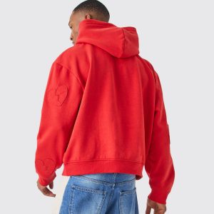 Oversized Boxy Cross Embroidered Zip Through Hoodie